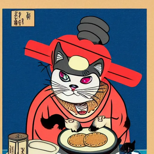 Prompt: a highly detailed illustration of an angry cat with a chef hat baking cookies, done in the style of ukiyo - e, 4 k