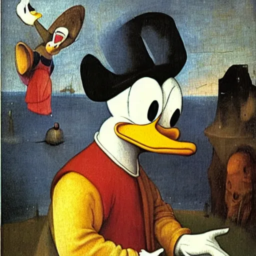 Prompt: Donald Duck, self portrait by Hieronymus Bosch, oil painting