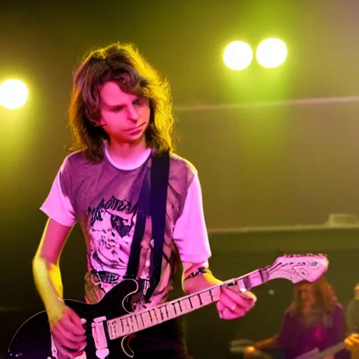 Prompt: michael cera playing guitar at an aerosmith concert, photo, detailed, 4 k