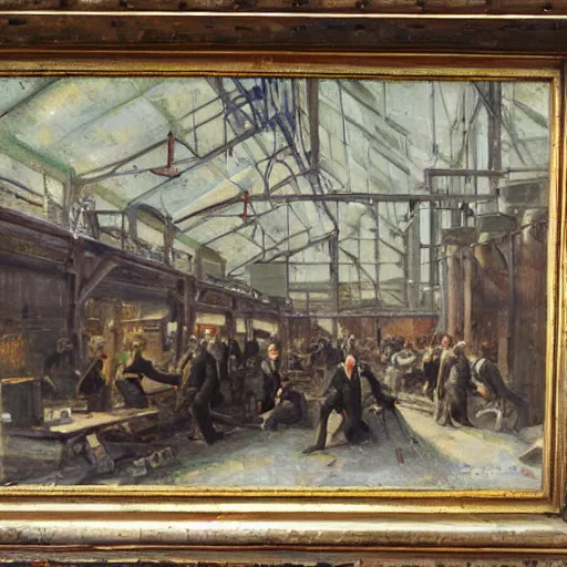 Prompt: oil painting of a nineteenth century engineers workshop, chaotic