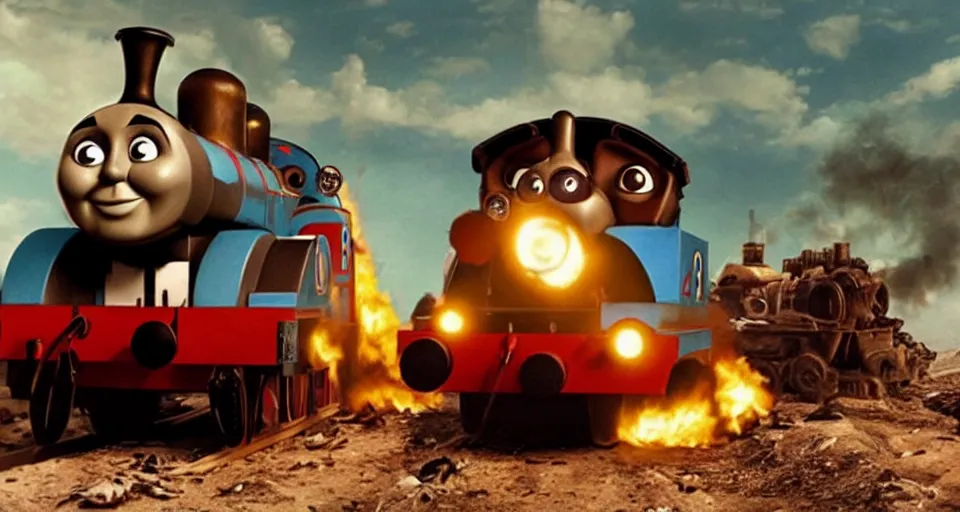 Prompt: Thomas the Tank Engine in the fiery wasteland of MAD MAX: FURY ROAD