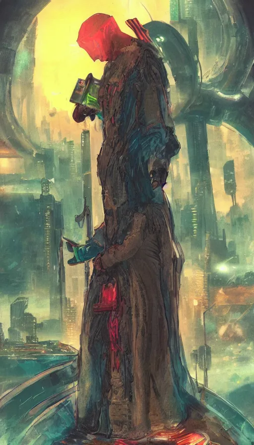 Image similar to a tarot card of the hermit, cyberpunk themed art, concept art