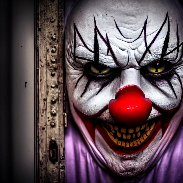 Image similar to creepy clown peering round a doorway, highly detailed, 8 k, hdr, smooth, sharp focus, high resolution, award - winning photo