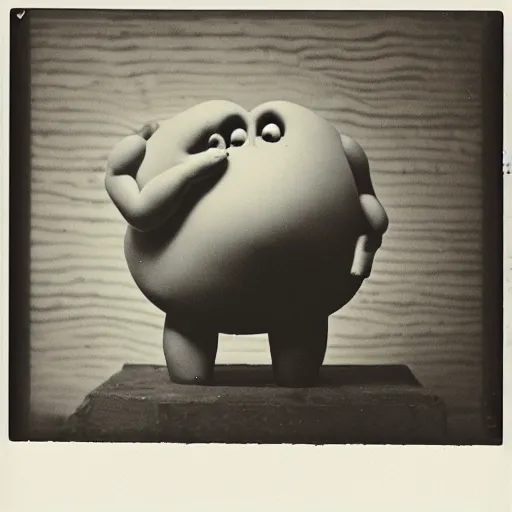 Image similar to a black and white polaroid photo of [ a homunculus with a nose for a head and a chubby body ], by robert crumb, by jim henson, by gary baseman, high contrast, soft lighting, surreal, film photography