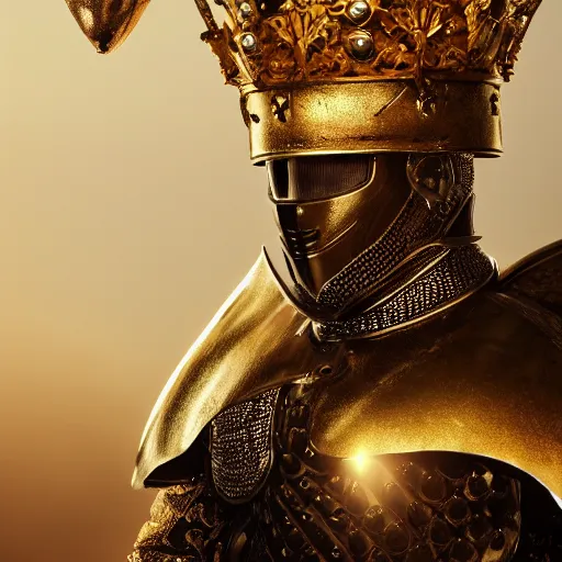 Image similar to a highly detailed full-length knight in a golden helmet and crown with a diamond in the center, golden armor, leather clothes under the armor, leather gloves, artstation, DeviantArt, professional, octane render, sunset lighting