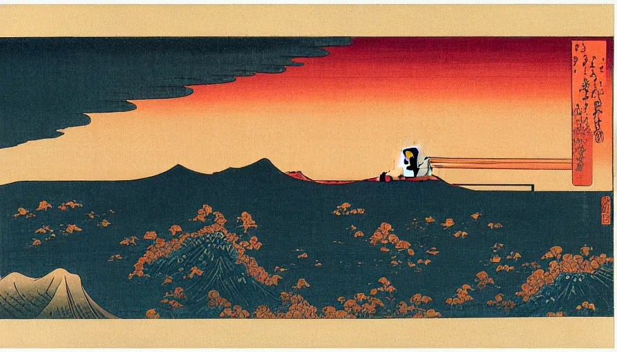 Prompt: sunset over the san francisco bay area by katsushika hokusai