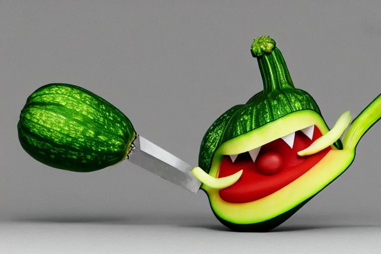 Prompt: detailed 3 d render of a mad zucchini with a long sword chasing after a panicking tomato, hyper realistic octane render, dramatic lighting, high speed chase, wide angle, nightmare, adult pixar surrealism