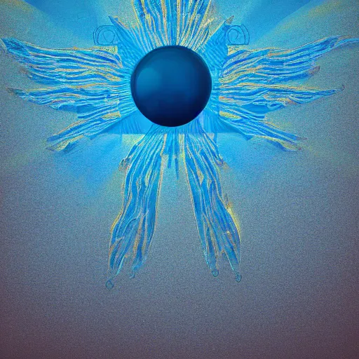Prompt: i'm blue dabedidabeda, seraphim neo solar punk entity floating above reflective water body at dusk or dawn, god rays, volumetric lighting, hdr, polished, micro details, ray tracing, 8 k