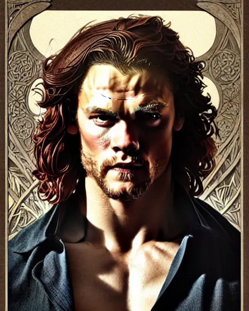 Image similar to bare chested sam heughan ( outlander ) portrait, art nouveau, fantasy, intricate flower designs, elegant, highly detailed, sharp focus, art by artgerm and greg rutkowski and wlop