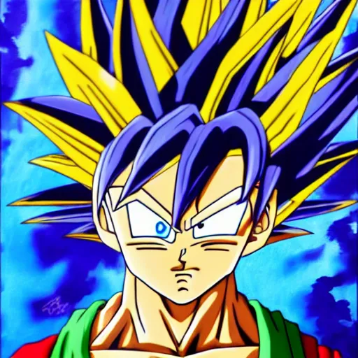 Prompt: fusion of goten and trunks, gotenks, anime, 4 k, detailed, full body, painting, on paper, paint smears, smooth