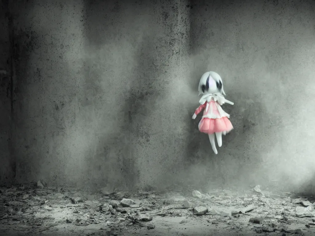 Prompt: cute fumo plush girl ghost lingering in a mysterious concrete wartorn brutalist ruin infected by floating spores of red parasitic fungus, technicolor horrorscape, chibi gothic maiden in tattered rags, dramatic three point lighting, glowing wisps of hazy green smoke and eerie volumetric fog swirling about, vray