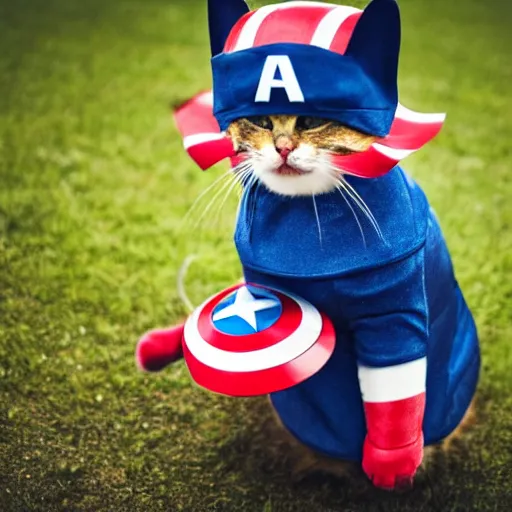 Prompt: cat wearing captain america costume, award - winning 4 k photography