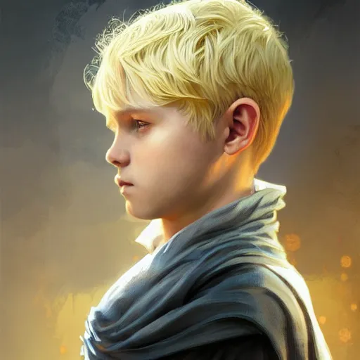 Prompt: an epic fantasy comic book style portrait painting of a young blonde boy who is over confident, wearing plain thief clothes, d & d, fantasy, intricate, elegant, highly detailed, digital painting, artstation, concept art, matte, sharp focus, illustration, art by artgerm and greg rutkowski and alphonse mucha