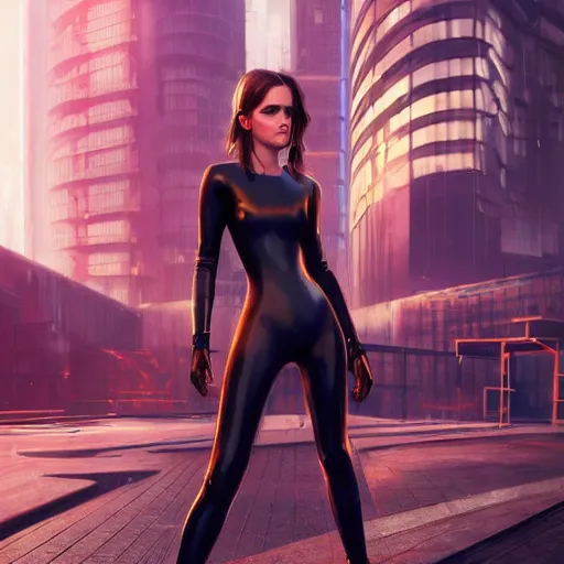 Image similar to a portrait of emma watson wearing skintight latex suit, cyberpunk city in the background as seen by greg rutkowski, light theme, enchanted, warm colors, high quality, waw, trending on artstation