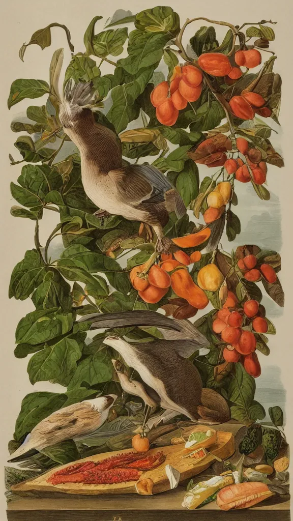 Image similar to a collection of food, illustration by john james audubon circa 1 8 3 8