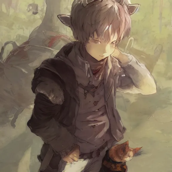 Image similar to character portrait of boy with cat ears and tail resting, color page, tankoban, 4 k, tone mapping, fantasy painting, akihiko yoshida, james jean, andrei riabovitchev, marc simonetti, yoshitaka amano, fluffy, curly, very very very very very very very very very beautiful.