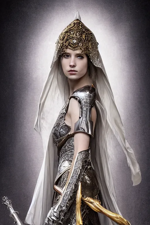 Prompt: a muse of beauty, Elspeth Knight Errant, long flowing cape and cowl, silver and gold heavy armour, long magical staff with ruby gems, young female face, liquid magic, cinematic top lighting, insanely detailed and intricate, face by wlop, Charlie Bowater, golden ratio, symmetric, elegant, ornate, luxury, elite, matte painting, MTG, magic the gatheing, cinematic, cgsociety, 8k, high resolution, trending on artstation, deviantart and pinterest