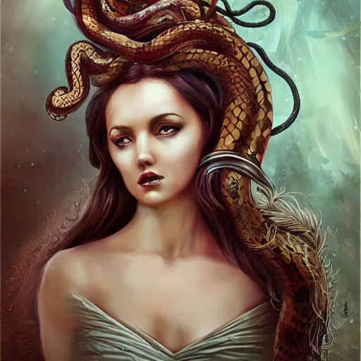 Prompt: realistic mythological greek medusa, snakes on the head, by anna dittmann