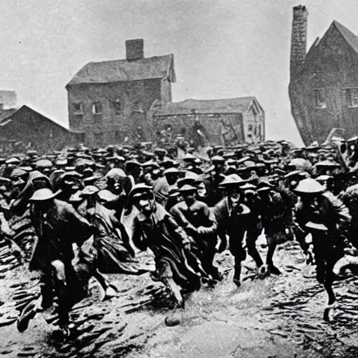 Image similar to Cthulhu attacking village, people running in panic, photo, 1920