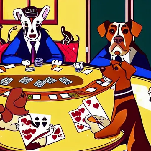 Image similar to two dogs and a cat playing poker at night, burgers everywhere