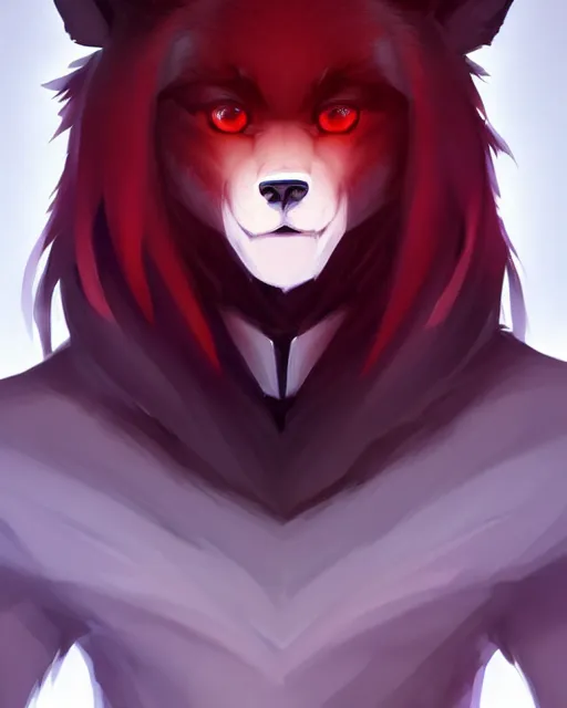 Image similar to character concept art of a black anthropomorphic furry male wolf with long red hair | | cute - fine - face, pretty face, key visual, realistic shaded perfect face, fine details by stanley artgerm lau, wlop, rossdraws, james jean, andrei riabovitchev, marc simonetti, and sakimichan, trending on artstation