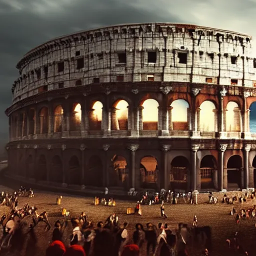 Prompt: a roman colosseum with a huge crowd of gladiators, rain, fog, lightning, volumetric light, blue hour, dusk, blue, teal, octane render, Cornelis Vreedenburgh, highly detailed