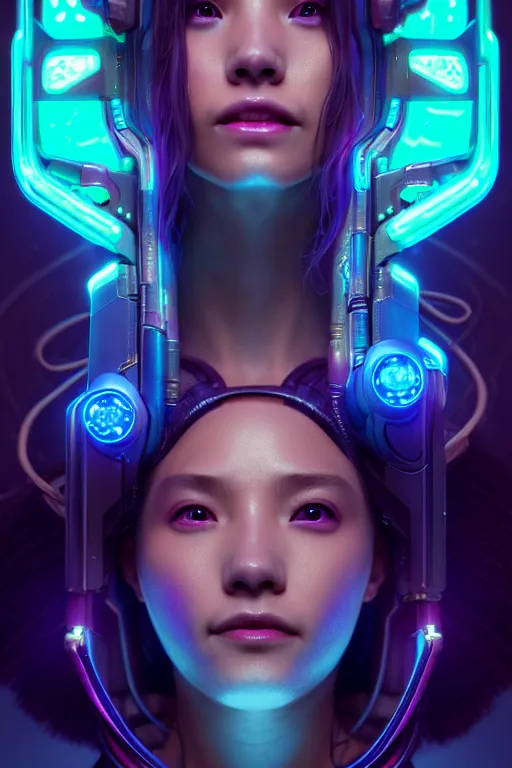 Image similar to portrait of a cute smiling bioluminescent creature, cyberpunk, dark retrowave, highly detailed, asymmetrical artwork, cinematic, hyperrealism, art stanley lau and artgerm and magali villeneuve and alphonse mucha, artstation, octane render, unreal engine, 8 k, aperture f 1. 2