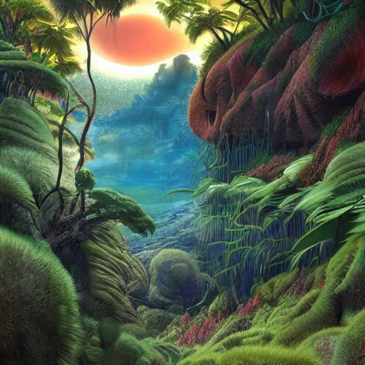 Image similar to digital painting of a lush natural scene on an alien planet by gerald brom. digital render. detailed. beautiful landscape. colourful weird vegetation. cliffs and water.