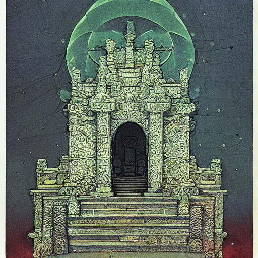 Image similar to highly detailed optical illusion of an ancient temple filled with magical energy by edmund dulac and android jones