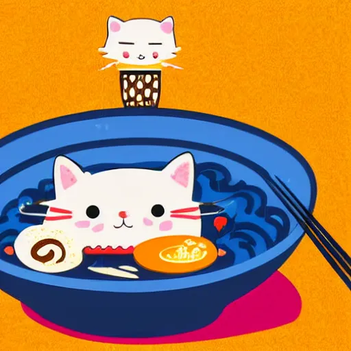 Prompt: a cute kawaii cat eating a bowl of ramen