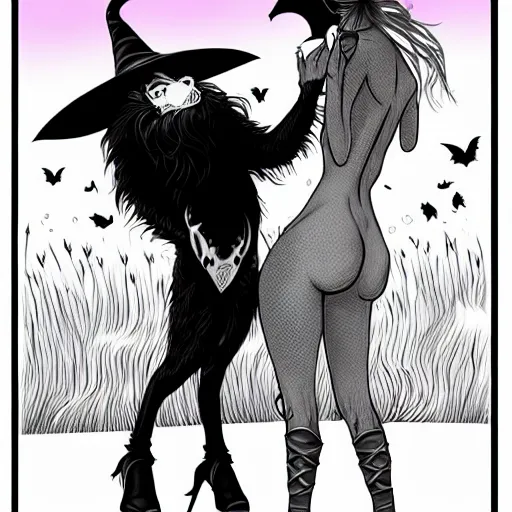 Image similar to fantasy art of a witch turning a man into a cow, black and white fur, pink udder, extremely detailed, trending on artstation