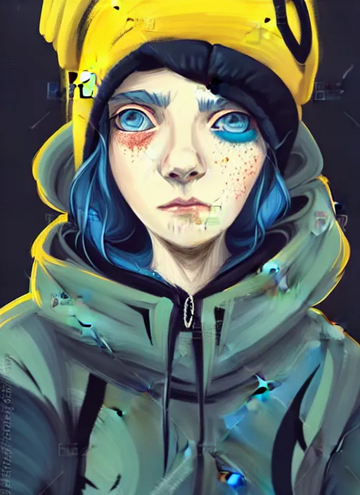 Image similar to highly detailed portrait of a sewer punk lady student, blue eyes, leather hoody, hat, white hair by atey ghailan, by greg tocchini, by james gilleard, by kaethe butcher, gradient yellow, black, brown and cyan color scheme, grunge aesthetic!!! ( ( graffiti tag wall background ) )