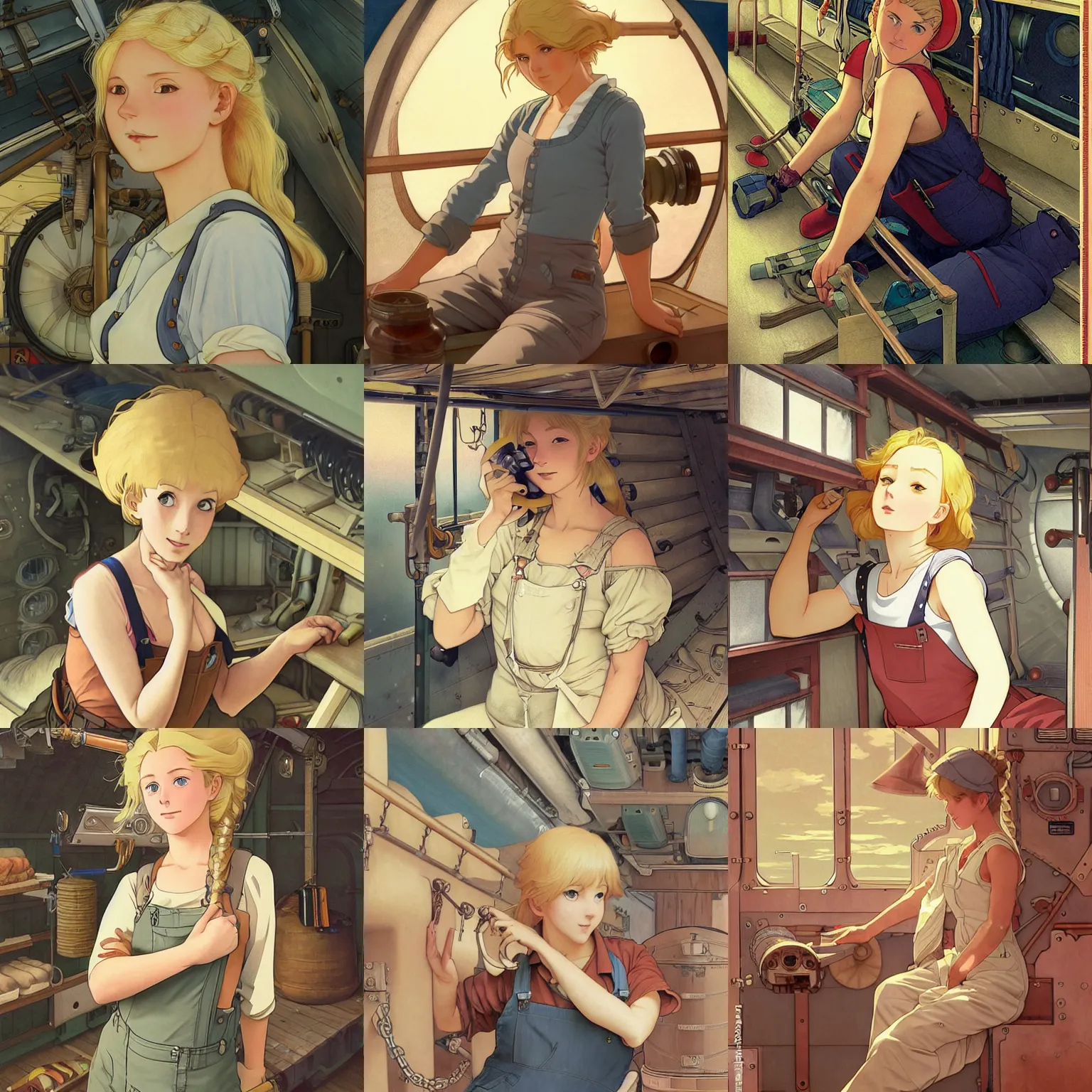 Prompt: an airship mechanic lying in her cramped bunk below deck, blonde, tank top and overalls, finely illustrated face, highly detailed, colored pencil, studio ghibli, tankobon, in the style of ilya kuvshinov and krenz cushart and william - adolphe bouguereau and alphonse mucha