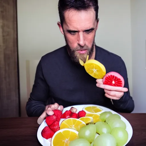 Image similar to man eating fruit made out of paper