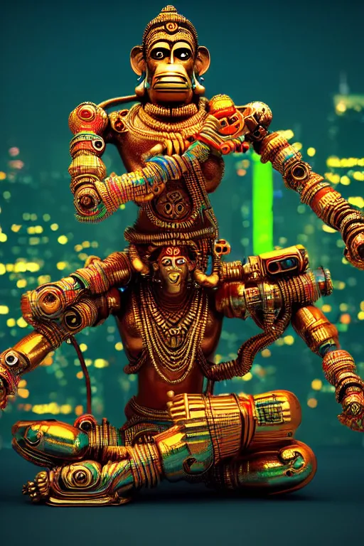 Image similar to high quality 3 d render colorful deconstructed cyborg! hanuman sitting, gold madhubani, highly detailed, cyberpunk!! mumbai in the background, vray cinematic smooth, blade runner, moody light, low angle, uhd 8 k, sharp focus