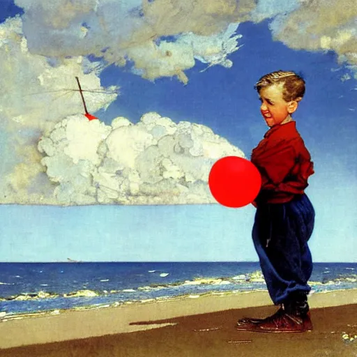 Image similar to a painting by Norman Rockwell of a young boy holding a red balloon at the beach, with dramatic clouds over the sea