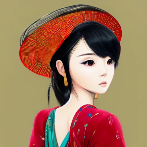 Prompt: Portrait of a beautiful vietnamese girl, cute natural anime face, wearing traditional vietnamese dress, elegant, highly detailed, digital painting, concept art, smooth, sharp focus, illustration, strong lines and bold colors, limited color palette, atmosphere and tension, Japanese, trending on artstation