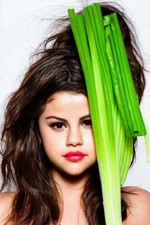 Image similar to selena gomez made out of celery, a human face with celery for hair, celery in the shape of a human face, a bunch of celery sitting on a cutting board, professional food photography