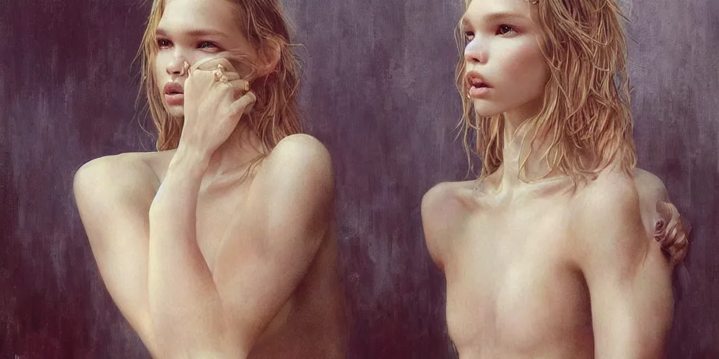 Image similar to epic masterpiece full body portrait a crying sasha luss, beautiful face and flawless skin, perfect hands by Edgar Maxence and Ross Tran and Michael Whelan