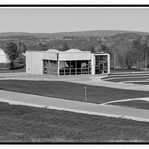 Image similar to hayfield high school virginia 1980s, photorealistic, 8k, award winning, black and white