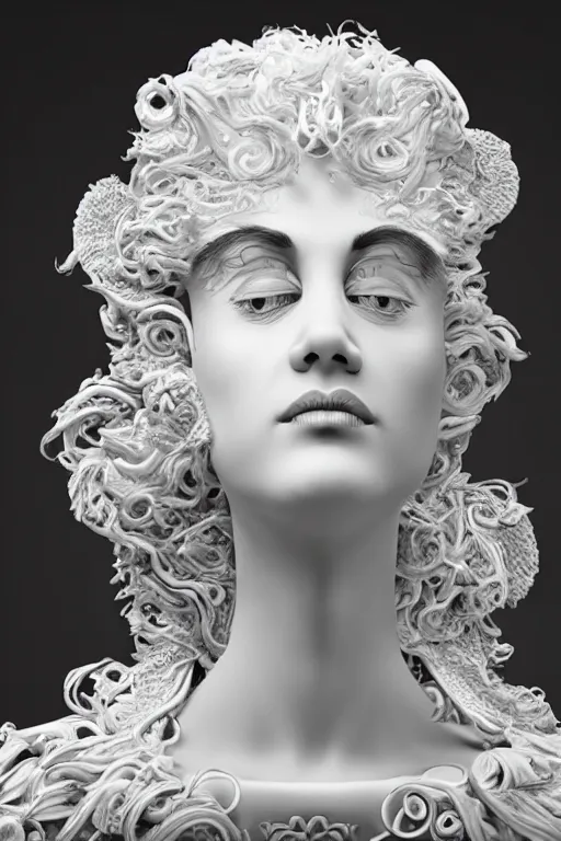 Image similar to 3 d full head and shoulders beautiful white porcelain woman with ornate detailed hair and jewellery, 3 d swirling hair, big eyes through the hair by theodor seuss geisel and daniel arsham and xiang duan