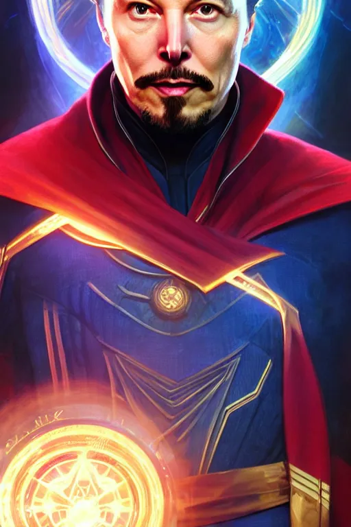 Prompt: elon musk as dr strange, realistic portrait, symmetrical, highly detailed, digital painting, artstation, concept art, smooth, sharp focus, illustration, cinematic lighting, art by artgerm and greg rutkowski and alphonse mucha