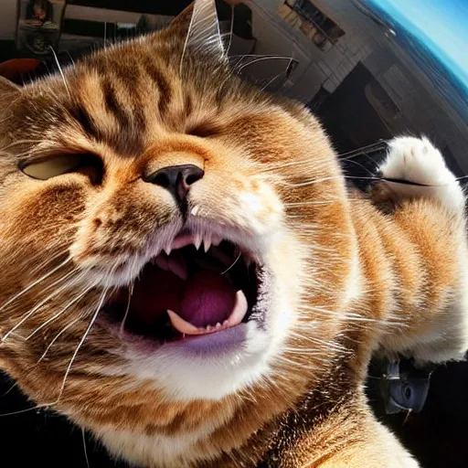 Image similar to real photo of fat angry cat skydiving