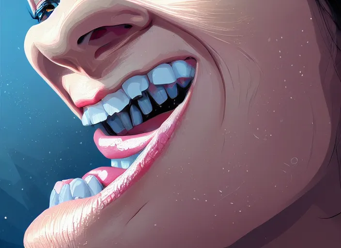 Image similar to wide open wife mouth, close - up, cry, defiant, pin - up, full lips, symmetrical teeth, light effect, hyper detailed, intricate, elegant, highly detailed, digital painting, artstation, concept art, matte, sharp focus, illustration, by dan mumford, yusuke murata, makoto shinkai, ross tran