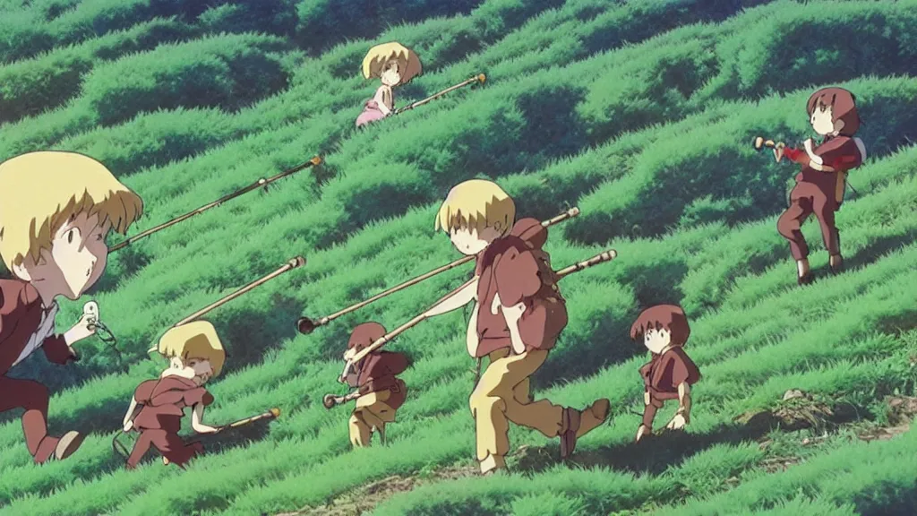 Prompt: pied piper luring children up a hill by playing his pipe, anime film still from the an anime directed by katsuhiro otomo with art direction by salvador dali, wide lens