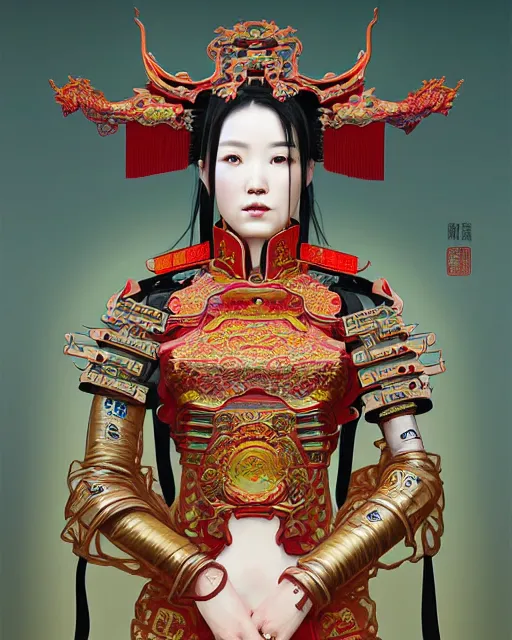 Image similar to portrait of a chinese cyberpunk machine, machine face, robed, upper half portrait, decorated with chinese opera motifs, regal, asian, fine china, wuxia, traditional chinese art intricate intense elegant 京 剧 highly detailed digital painting artstation concept art smooth sharp focus illustration, art by artgerm and greg rutkowski alphonse mucha 8 k