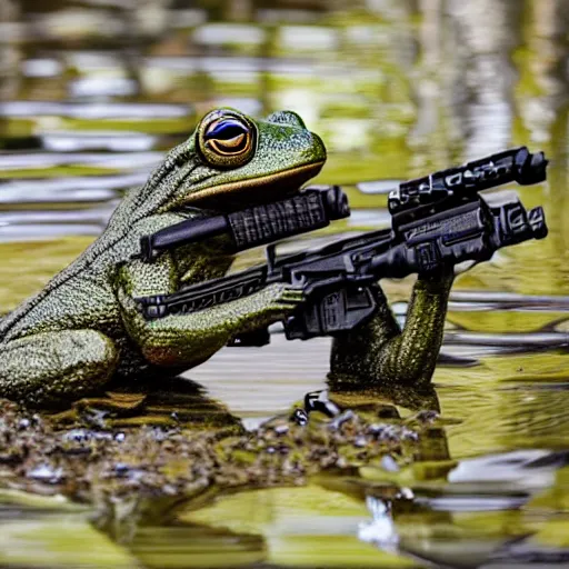 Prompt: professional photograph of an anthropomorphic frog wearing a kevlar vest and holding a black rifle in a swamp, 8 k, very intricate, very detailed, serious,