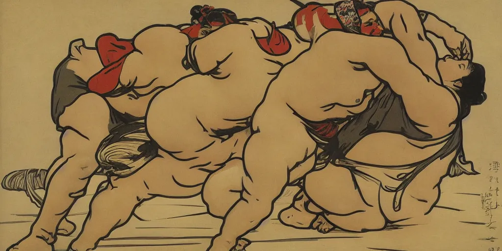 Image similar to sumo wrestling, Alphonse Mucha