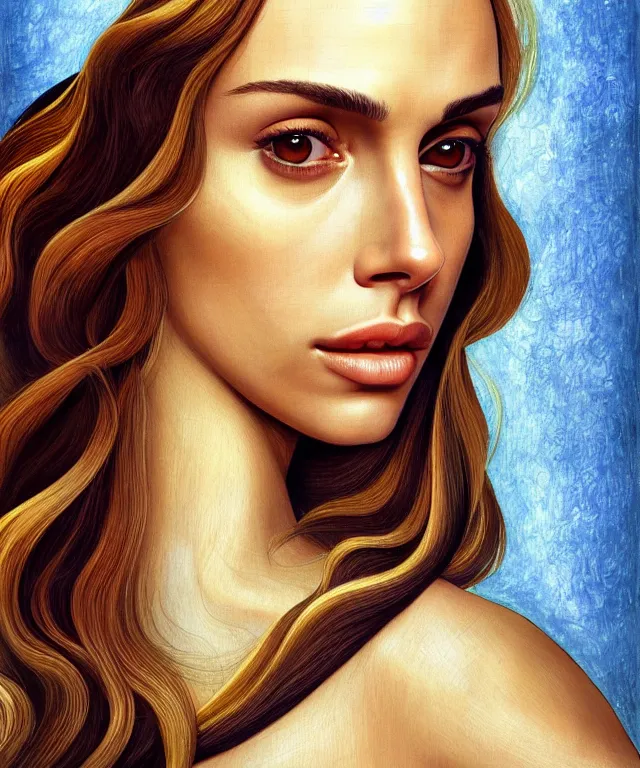 Image similar to half Nathalie portman half jessica alba portrait by Sandro Botticelli, sci-fi, amber eyes, beautiful face, appealing long hair, fantasy, intricate, elegant, highly detailed, digital painting, artstation, concept art, smooth, sharp focus, oil painted illustration by Sandro Botticelli