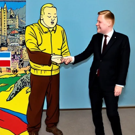 Prompt: tintin meeting the prime minister of Iceland, french comic book, belgian comic book